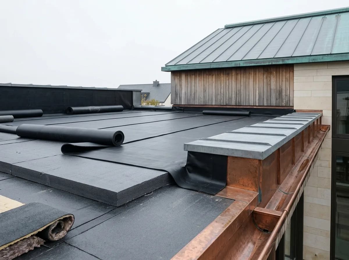 Toiture-terrasse EPDM + dallage sur plots, extension 60 m², Strassen — Reuter Toiture & Zinguerie